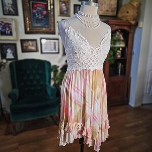 Free People FP One Lace Plaid Boho Slip Dress Crochet Bodice Festival Mini